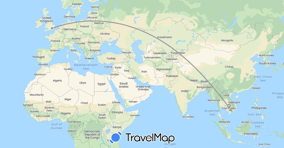 TravelMap itinerary: driving, plane in United Kingdom, Cambodia, Vietnam (Asia, Europe)
